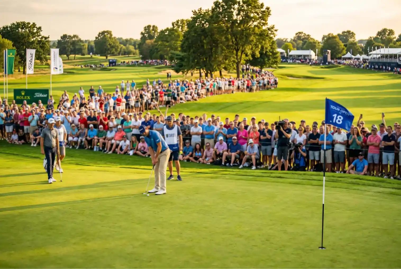 Green de golf con banderin y espectadores siguiendo la accion del torneo en vivo