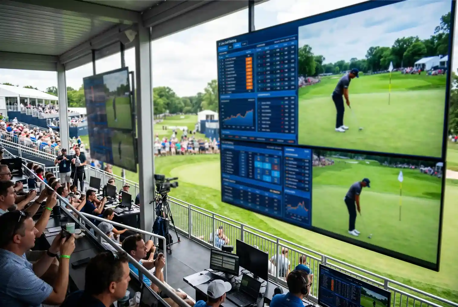 Pantalla de apuestas en directo durante torneo de golf profesional con cuotas actualizandose en tiempo real