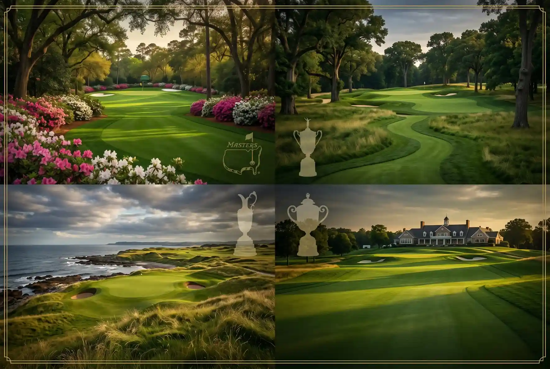 Trofeos de los cuatro Majors de golf con campos iconicos de fondo representando las citas mas importantes del calendario