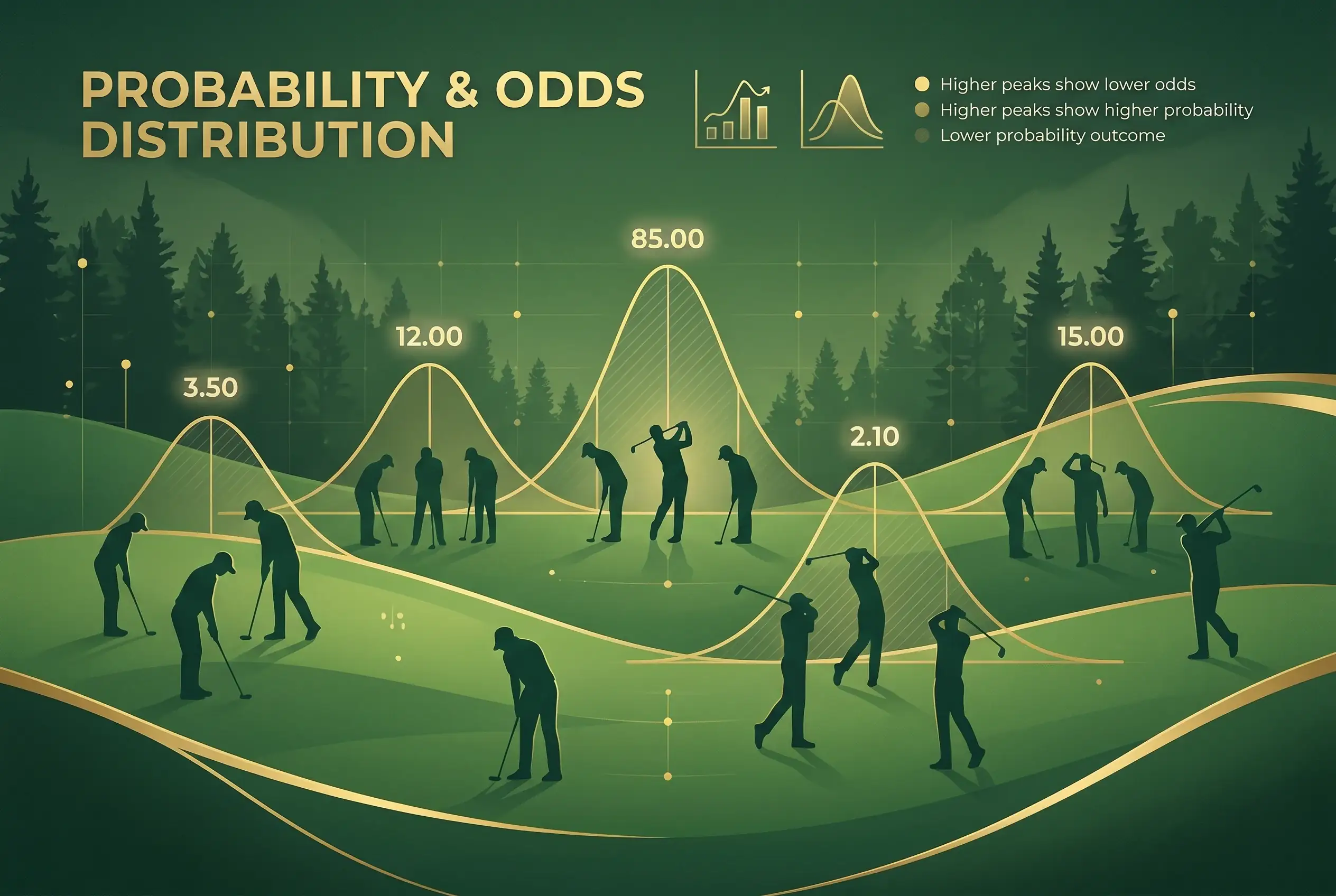 Pantalla de cuotas de golf mostrando probabilidades decimales para jugadores de torneo profesional