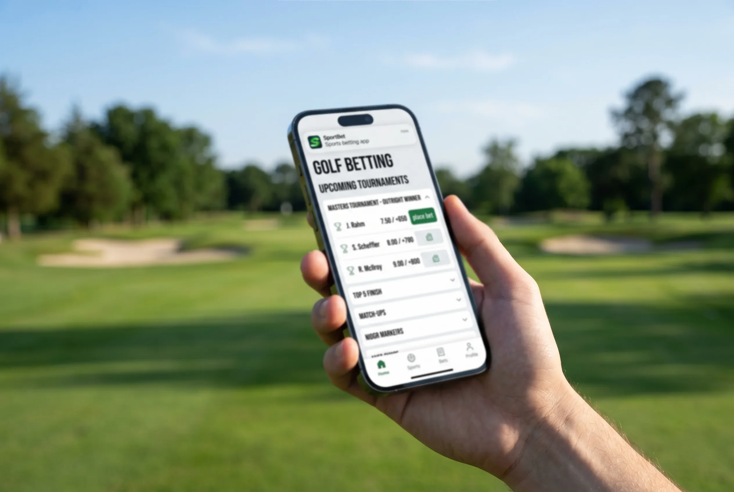 Pantalla de movil mostrando aplicacion de apuestas de golf con mercados y cuotas
