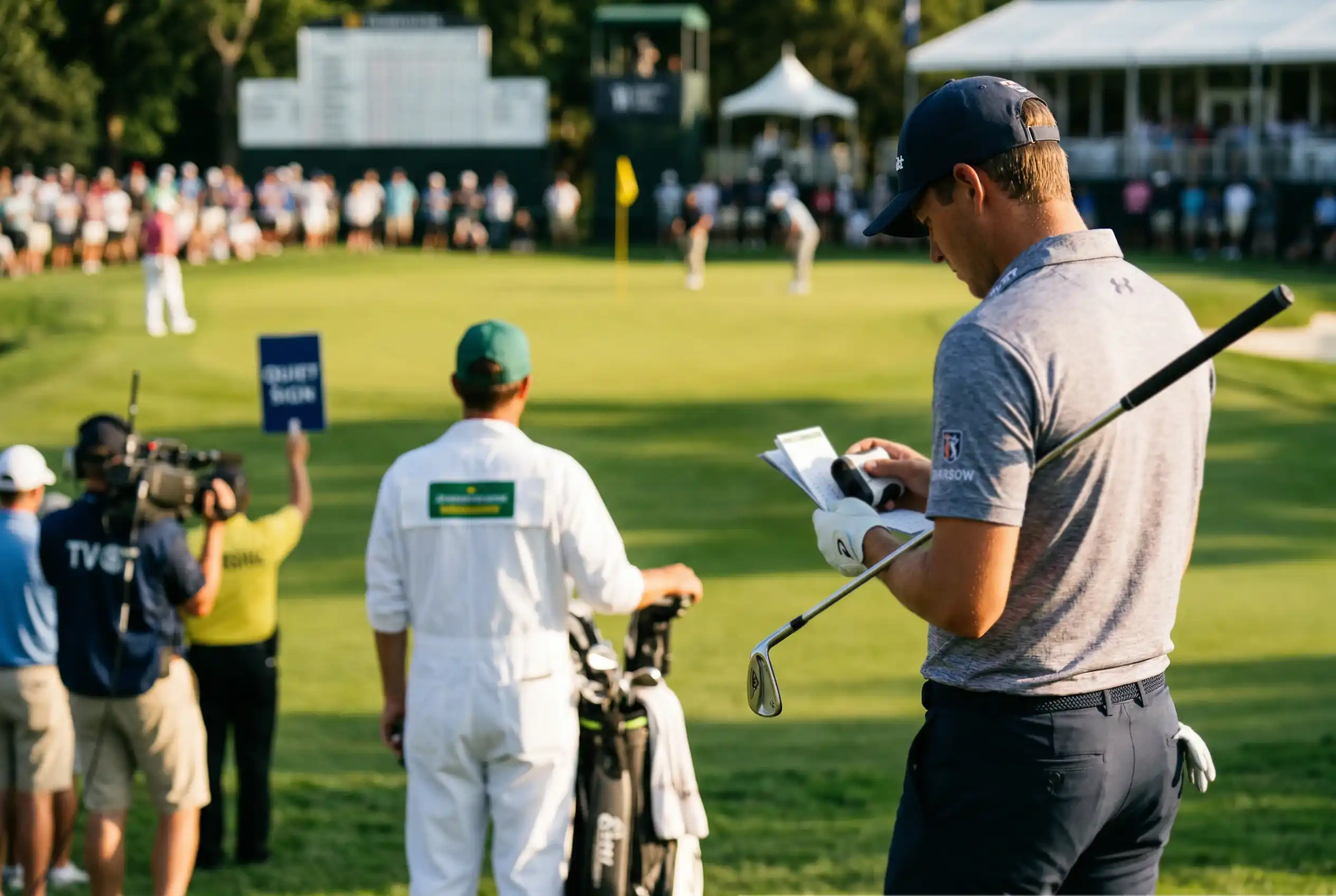 Jugador de golf analizando el approach al green con hierros en mano