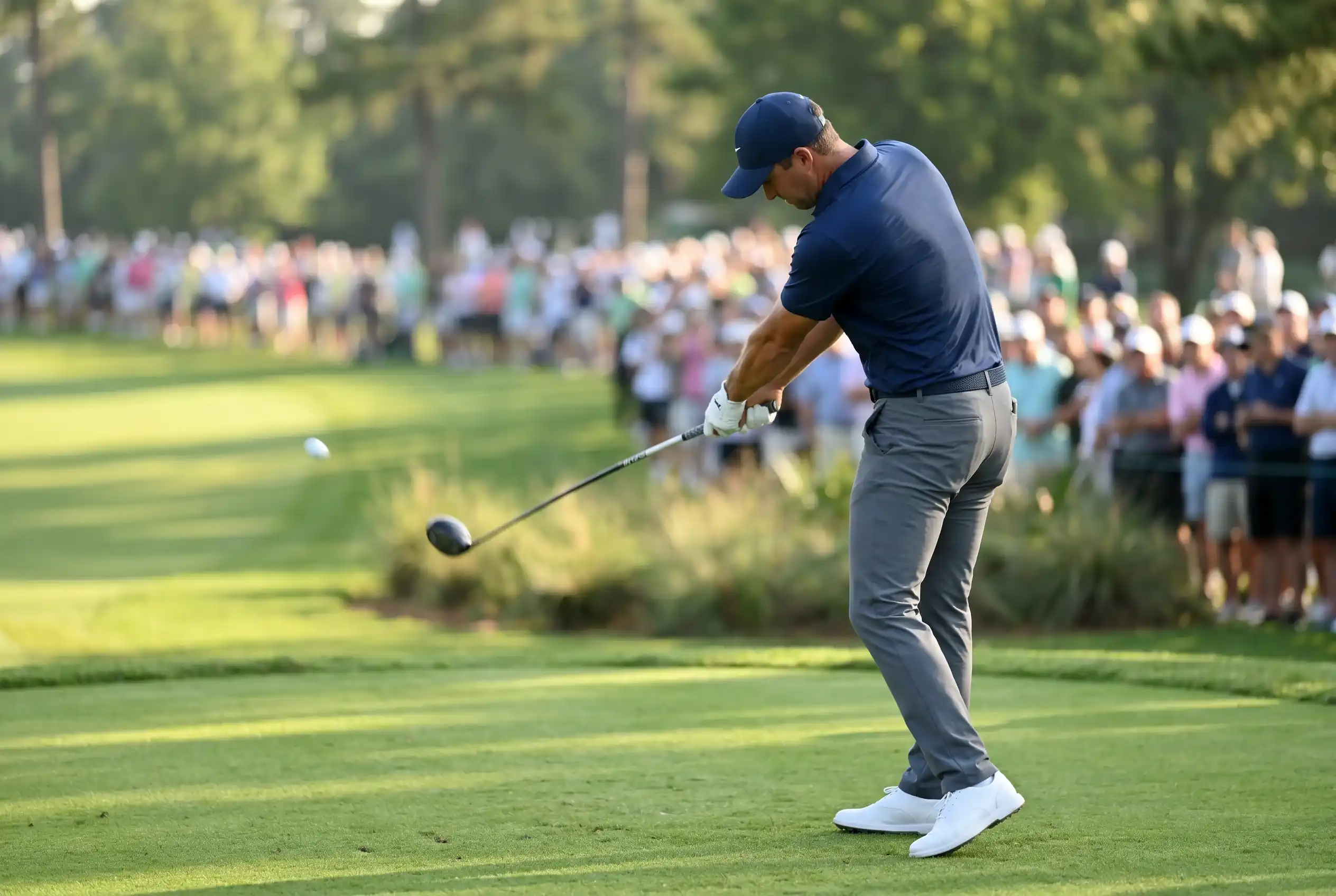 Jugador de golf profesional ejecutando un swing en el tee de salida durante torneo